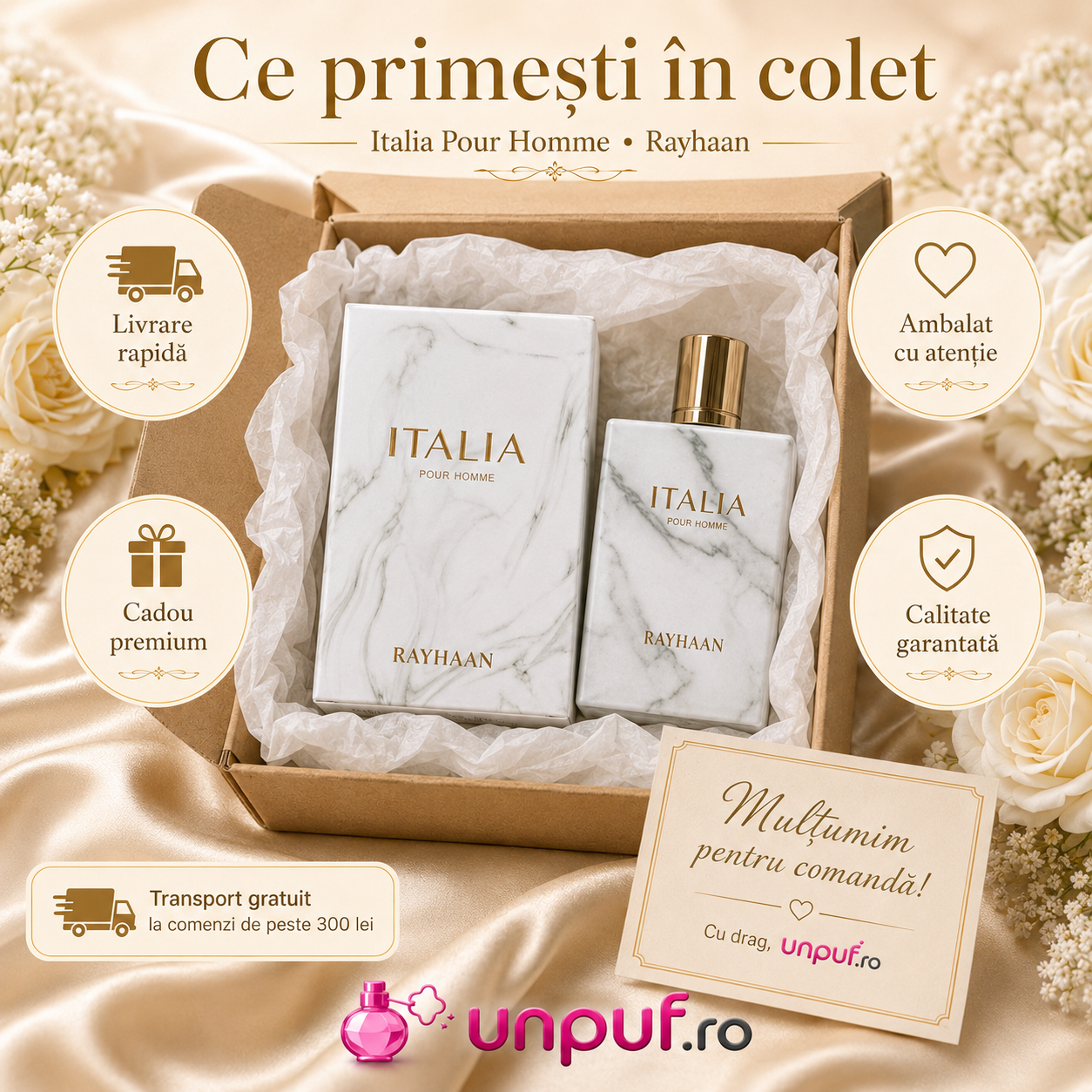 Ce primești &icirc;n colet, parfum Arăbesc Rayhaan Italia Pour Homme ambalat cu atenție pentru livrare